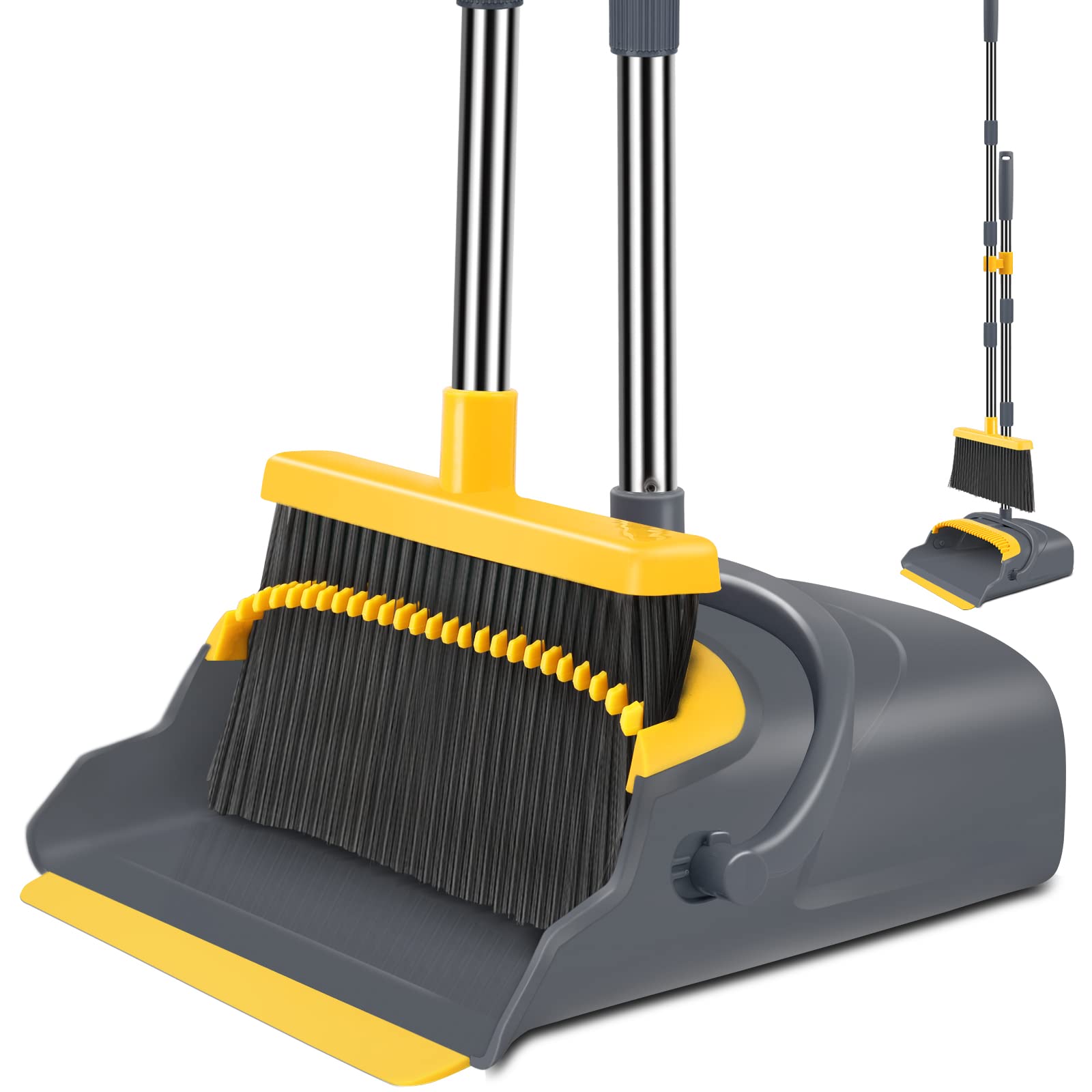 kelamayi Upgrade Broom and Dustpan Set, Self-Cleaning with Dustpan Teeth, Indoor&Outdoor Sweeping, Ideal for Dog Cat Pets Home Use, Stand Up Broom and Dustpan (Gray&Orange)