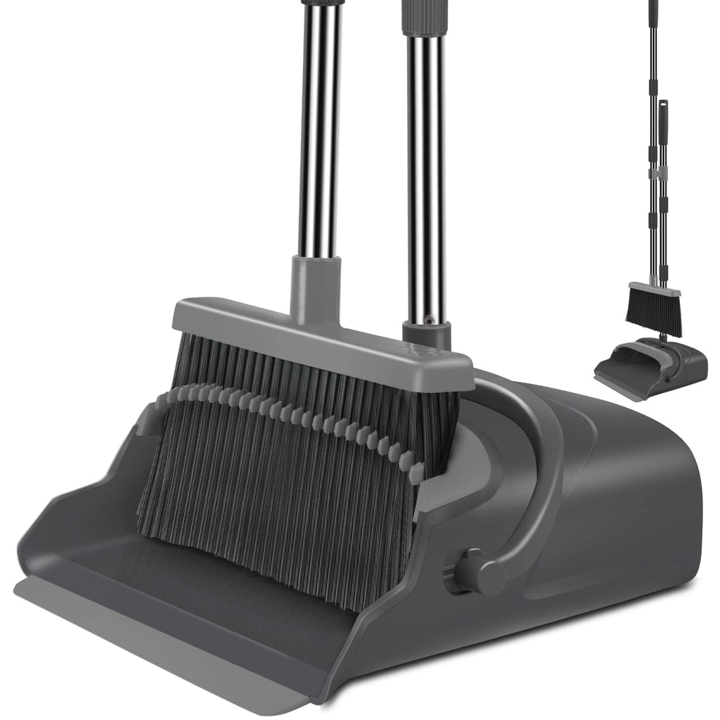 kelamayi Upgrade Broom and Dustpan Set, Self-Cleaning with Dustpan Teeth, Indoor&Outdoor Sweeping, Ideal for Dog Cat Pets Home Use, Stand Up Broom and Dustpan (Gray&Orange)