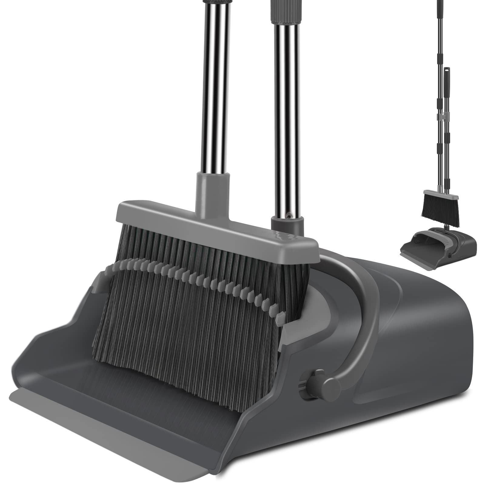 kelamayi Upgrade Broom and Dustpan Set, Self-Cleaning with Dustpan Teeth, Indoor&Outdoor Sweeping, Ideal for Dog Cat Pets Home Use, Stand Up Broom and Dustpan (Gray&Orange)