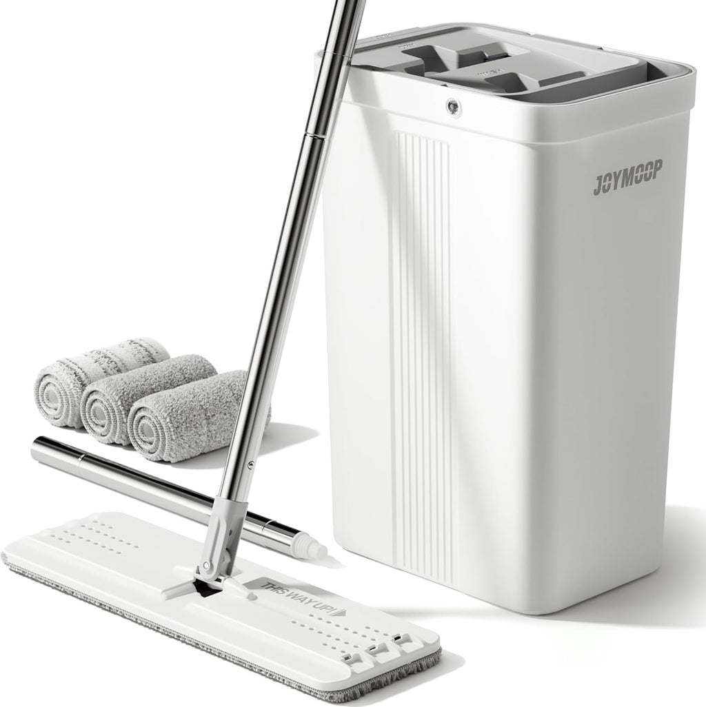 JOYMOOP Mop and Bucket Set with Wringer, Flat Mops for Floor Cleaning, Wall Mop Cleaner with Long Handle, Hardwood Floor Mop with 4 Microfiber Pads
