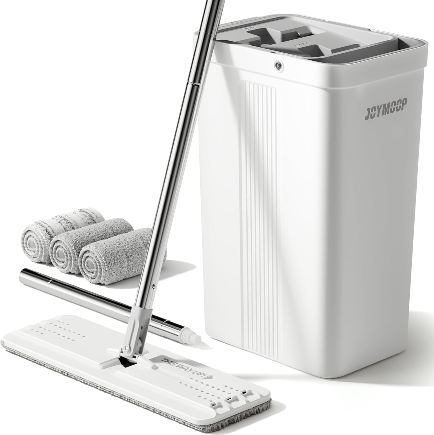 JOYMOOP Mop and Bucket Set with Wringer, Flat Mops for Floor Cleaning, Wall Mop Cleaner with Long Handle, Hardwood Floor Mop with 4 Microfiber Pads