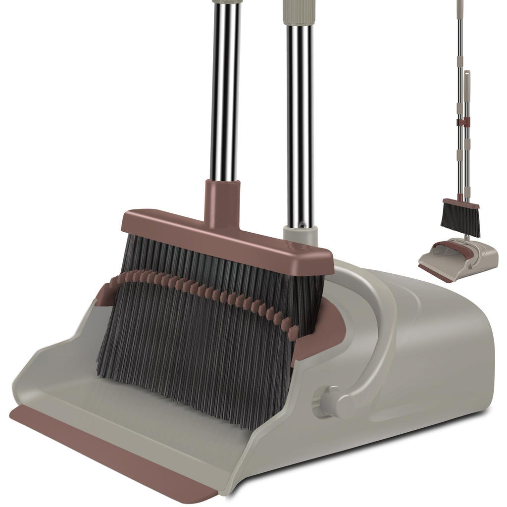 kelamayi Upgrade Broom and Dustpan Set, Self-Cleaning with Dustpan Teeth, Indoor&Outdoor Sweeping, Ideal for Dog Cat Pets Home Use, Stand Up Broom and Dustpan (Gray&Orange)