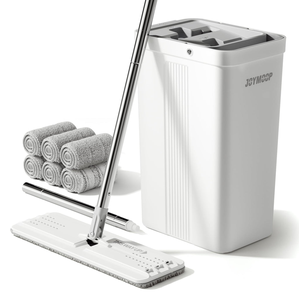 JOYMOOP Mop and Bucket Set with Wringer, Flat Mops for Floor Cleaning, Wall Mop Cleaner with Long Handle, Hardwood Floor Mop with 4 Microfiber Pads