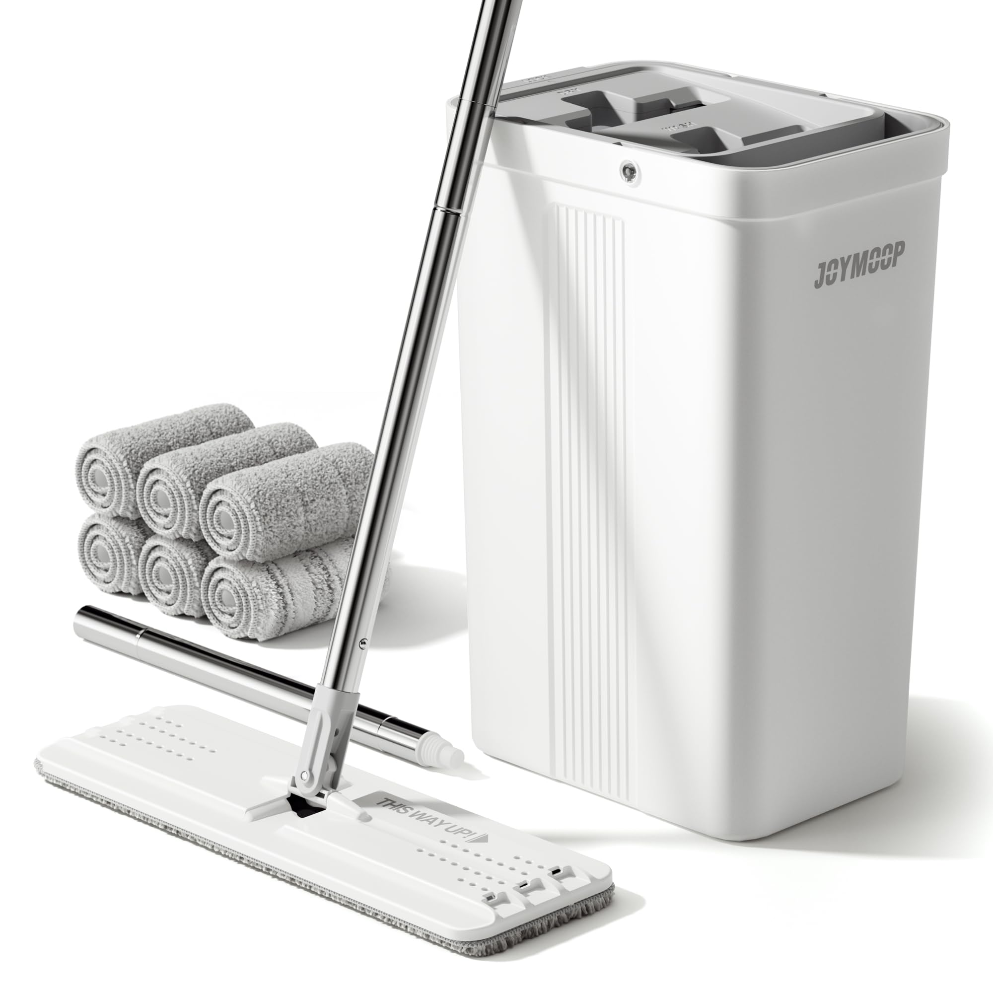 JOYMOOP Mop and Bucket Set with Wringer, Flat Mops for Floor Cleaning, Wall Mop Cleaner with Long Handle, Hardwood Floor Mop with 4 Microfiber Pads