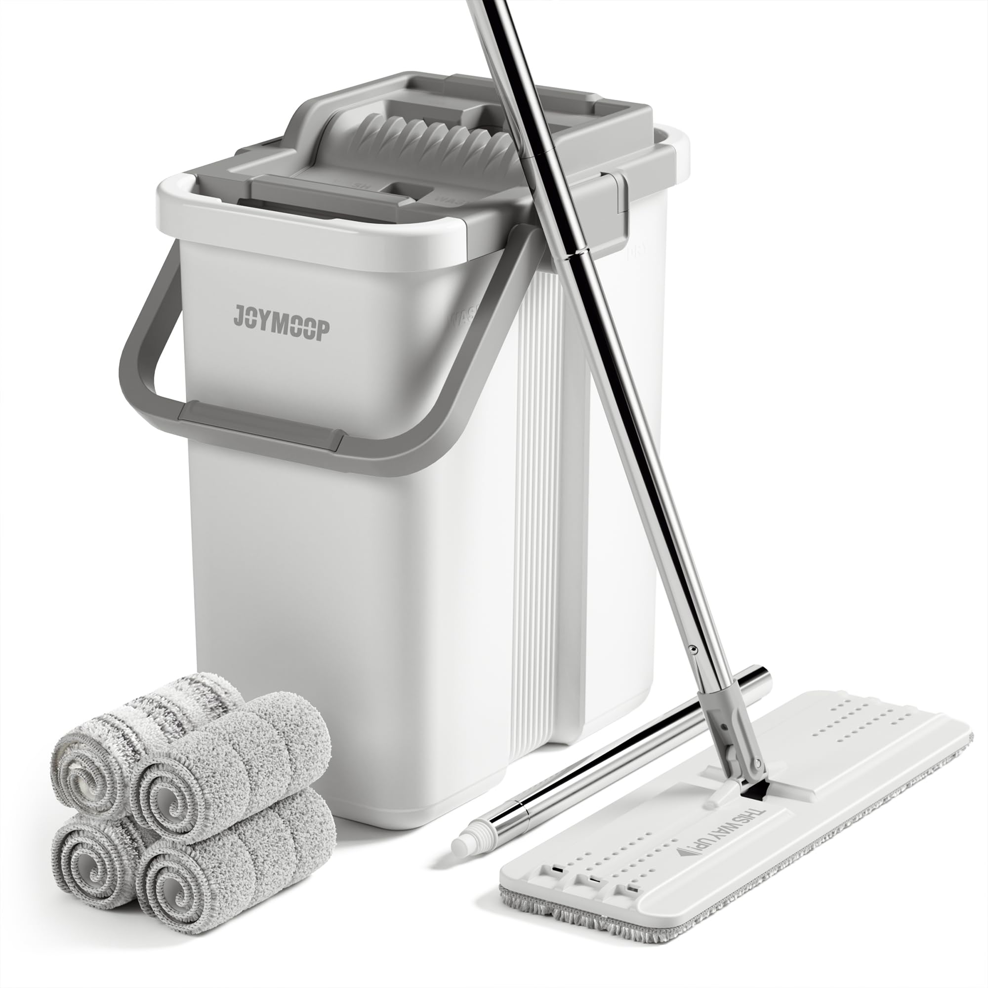JOYMOOP Mop and Bucket Set with Wringer, Flat Mops for Floor Cleaning, Wall Mop Cleaner with Long Handle, Hardwood Floor Mop with 4 Microfiber Pads
