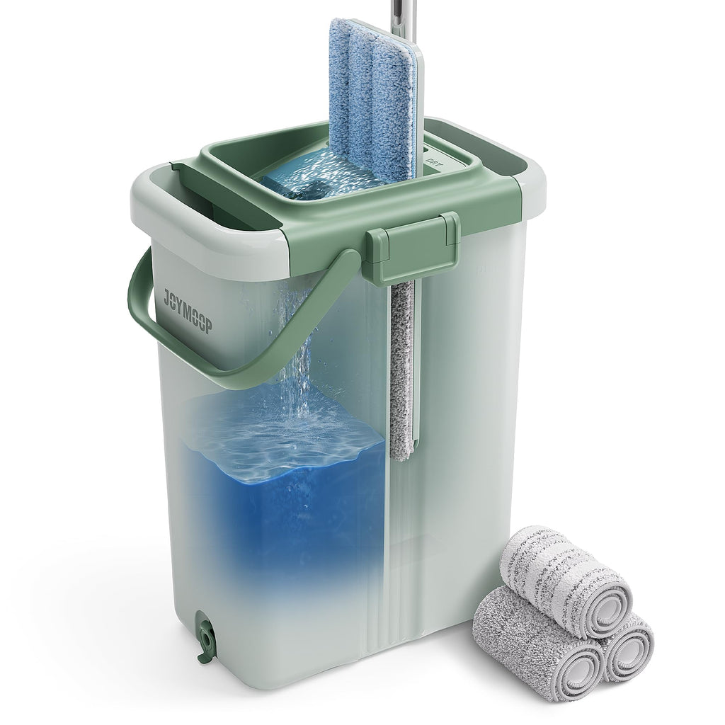 JOYMOOP Mop and Bucket Set with Wringer, Flat Mops for Floor Cleaning, Wall Mop Cleaner with Long Handle, Hardwood Floor Mop with 4 Microfiber Pads
