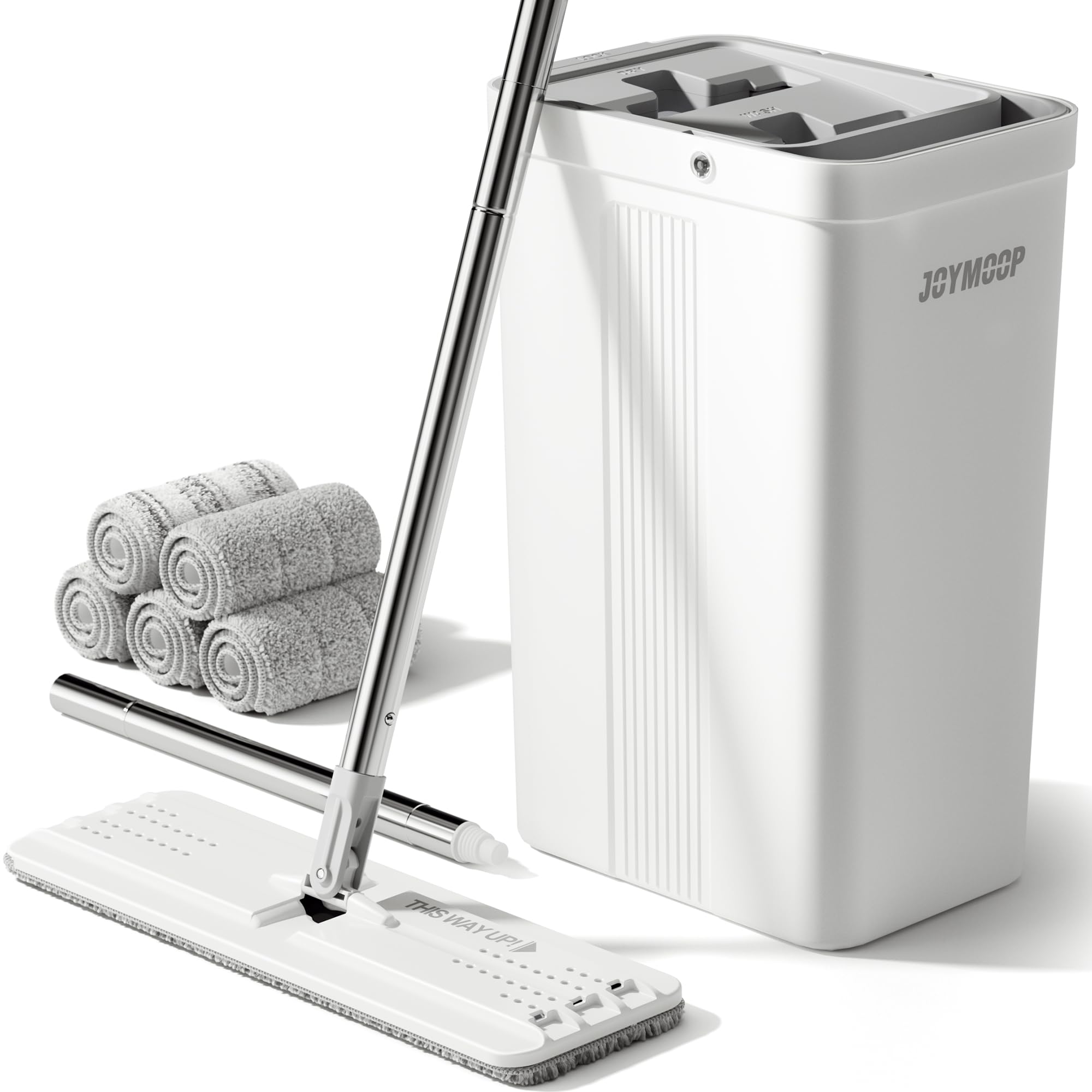 JOYMOOP Mop and Bucket Set with Wringer, Flat Mops for Floor Cleaning, Wall Mop Cleaner with Long Handle, Hardwood Floor Mop with 4 Microfiber Pads