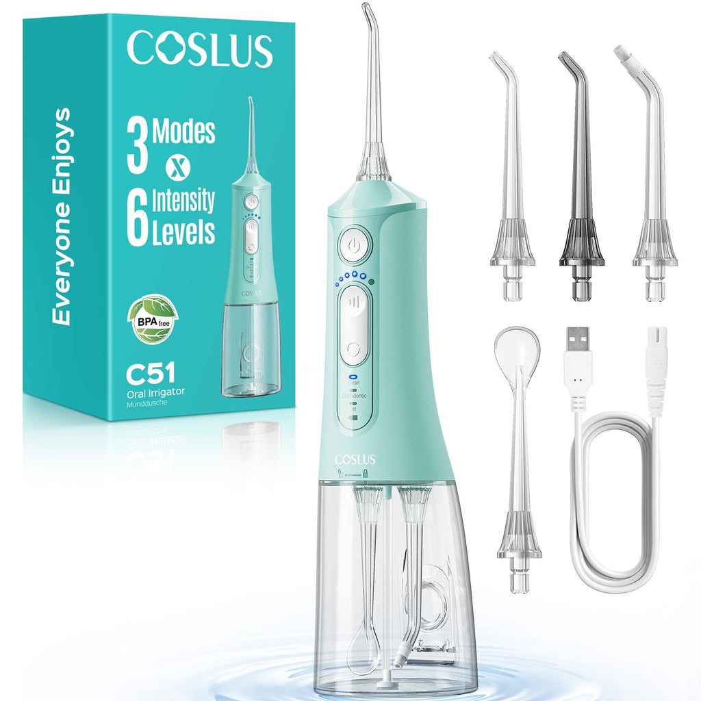COSLUS C51 Portable Water Flosser for Teeth: 3 Modes & 6 Pressure Settings with Jet Mode Water Dental Pick for Orthodontic, Braces, Sensitive Gums, Compact for Travel, 300ML for Multiple Users, White