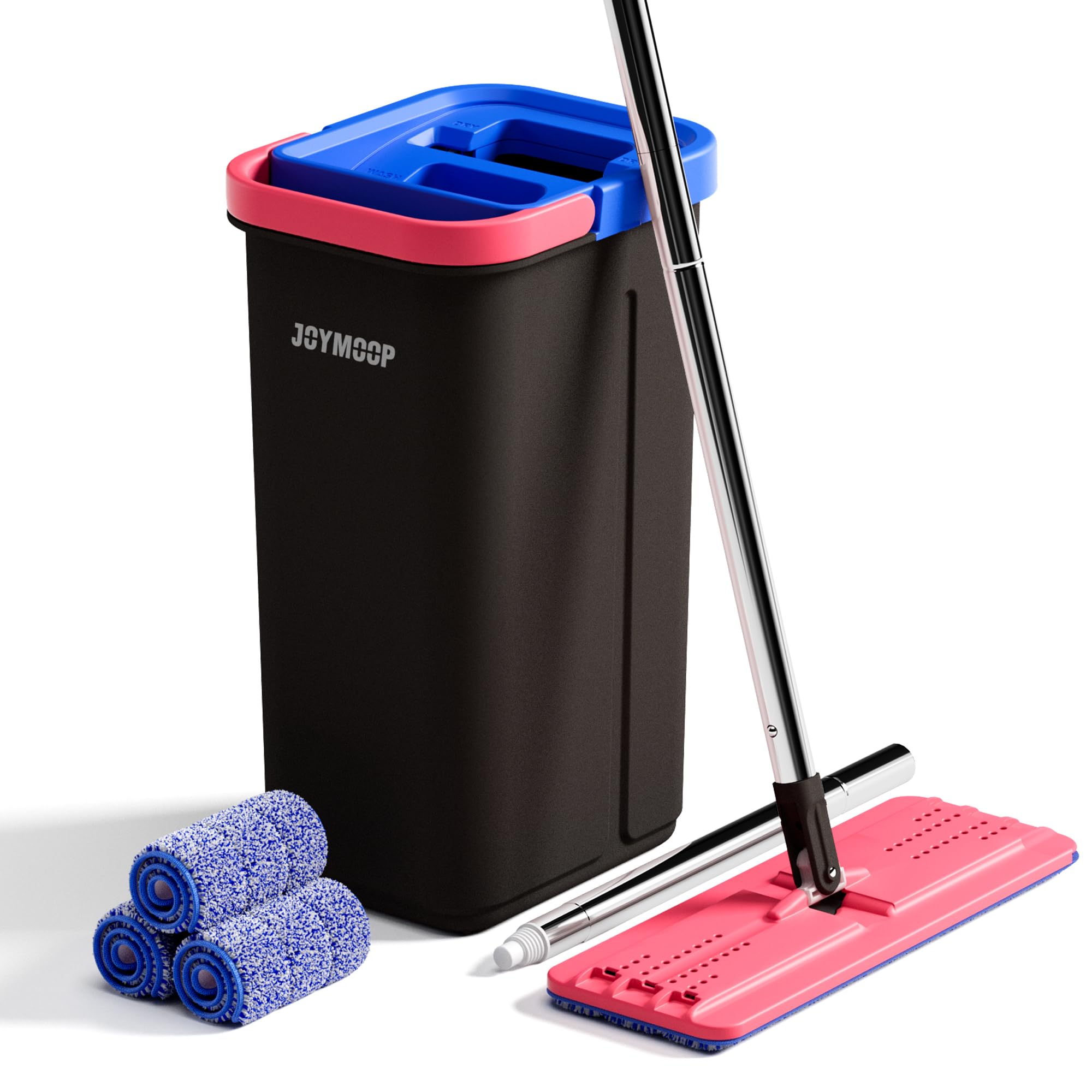 JOYMOOP Mop and Bucket Set with Wringer, Flat Mops for Floor Cleaning, Wall Mop Cleaner with Long Handle, Hardwood Floor Mop with 4 Microfiber Pads