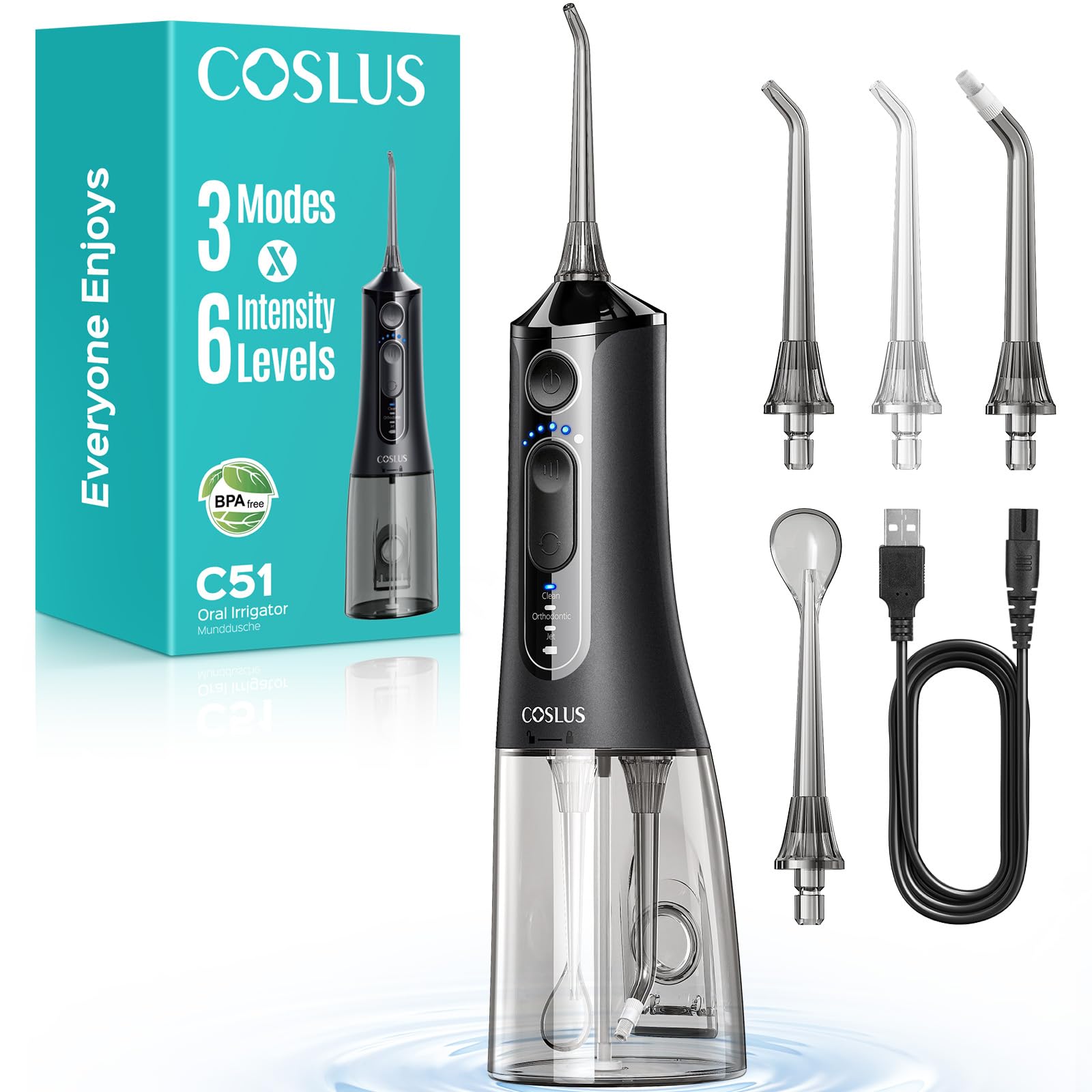 COSLUS C51 Portable Water Flosser for Teeth: 3 Modes & 6 Pressure Settings with Jet Mode Water Dental Pick for Orthodontic, Braces, Sensitive Gums, Compact for Travel, 300ML for Multiple Users, White
