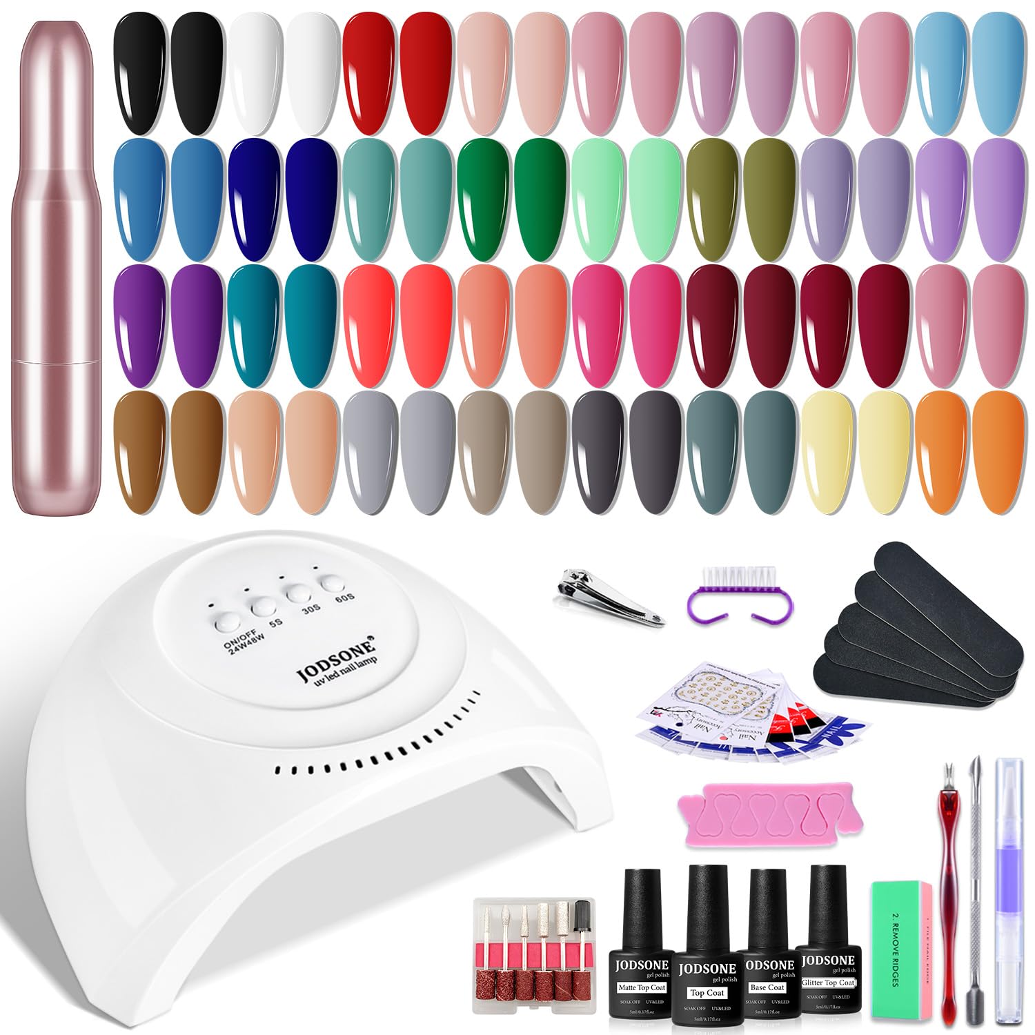 JODSONE Gel Nail Polish Kit with U V Light 32 Colors Gel Polish Nail + 4 Functional Adhesive Bottles Kit Soak Off Manicure Tools Gifts for Women