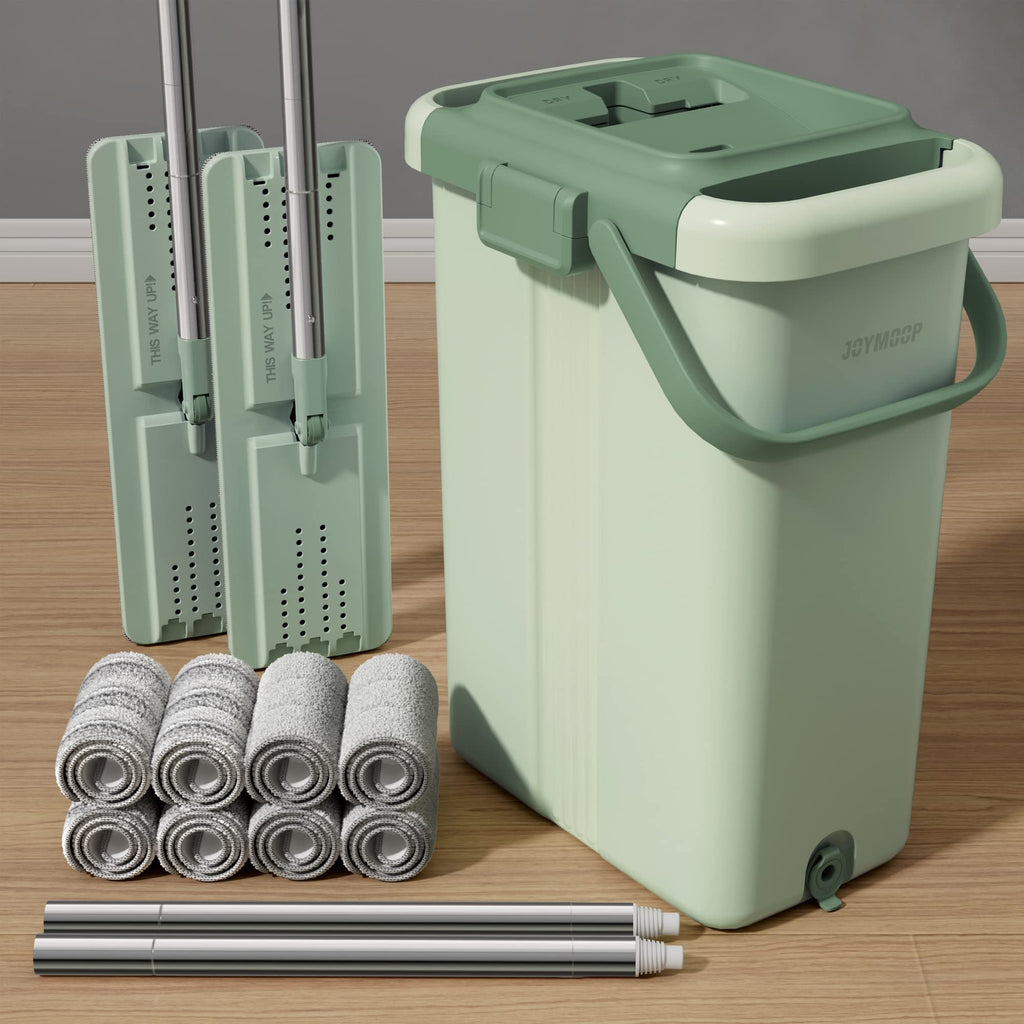 JOYMOOP Mop and Bucket Set with Wringer, Flat Mops for Floor Cleaning, Wall Mop Cleaner with Long Handle, Hardwood Floor Mop with 4 Microfiber Pads
