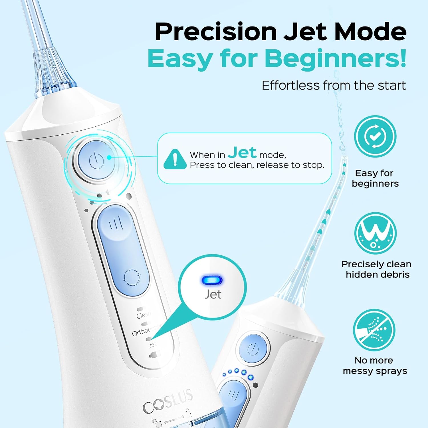 COSLUS C51 Portable Water Flosser for Teeth: 3 Modes & 6 Pressure Settings with Jet Mode Water Dental Pick for Orthodontic, Braces, Sensitive Gums, Compact for Travel, 300ML for Multiple Users, White