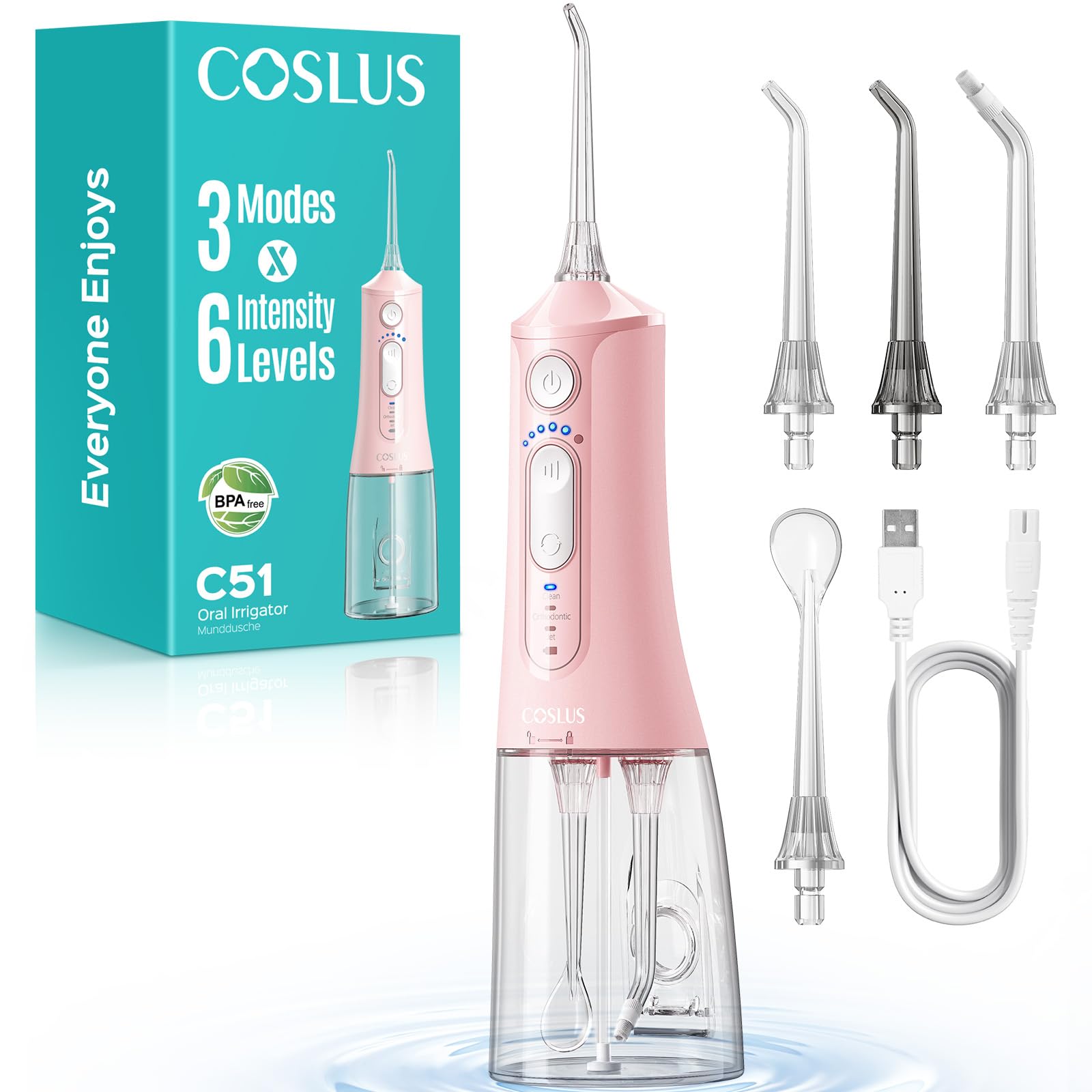 COSLUS C51 Portable Water Flosser for Teeth: 3 Modes & 6 Pressure Settings with Jet Mode Water Dental Pick for Orthodontic, Braces, Sensitive Gums, Compact for Travel, 300ML for Multiple Users, White