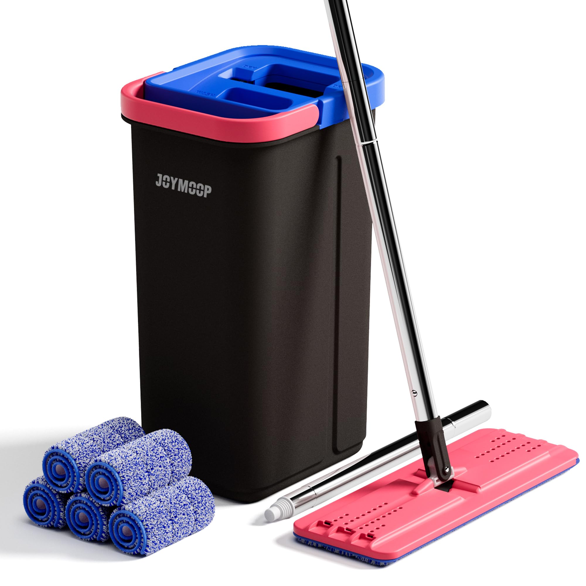 JOYMOOP Mop and Bucket Set with Wringer, Flat Mops for Floor Cleaning, Wall Mop Cleaner with Long Handle, Hardwood Floor Mop with 4 Microfiber Pads