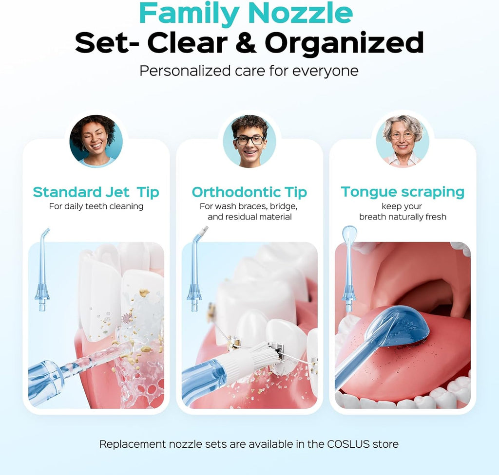 COSLUS C51 Portable Water Flosser for Teeth: 3 Modes & 6 Pressure Settings with Jet Mode Water Dental Pick for Orthodontic, Braces, Sensitive Gums, Compact for Travel, 300ML for Multiple Users, White