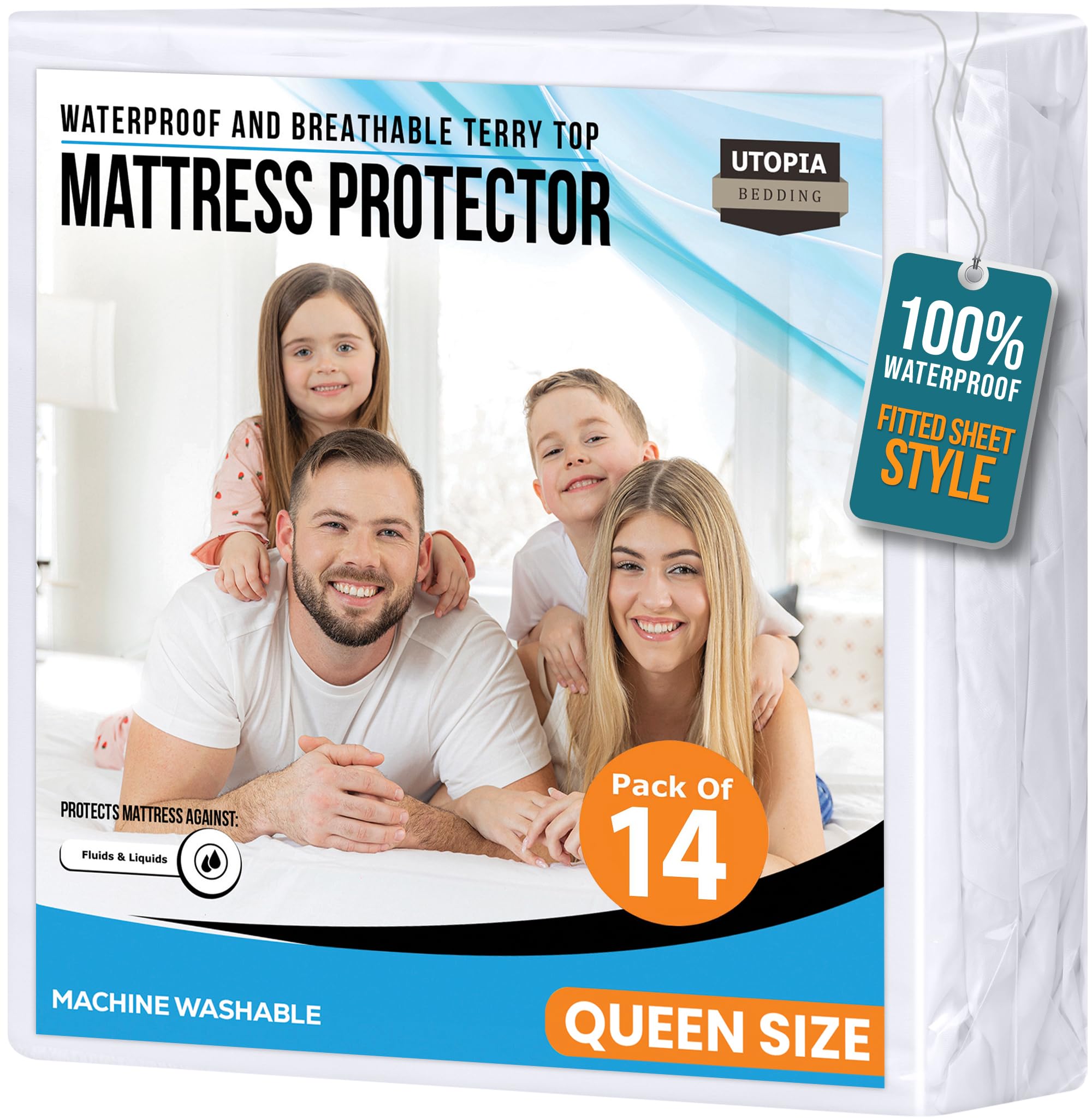 Full Size Mattress Protector Waterproof, Premium 200 GSM Terry Mattress Cover, Soft & Breathable Bed Cover, Fitted Sheet Style Stretchable Deep Pockets 15" by Utopia Bedding (White)