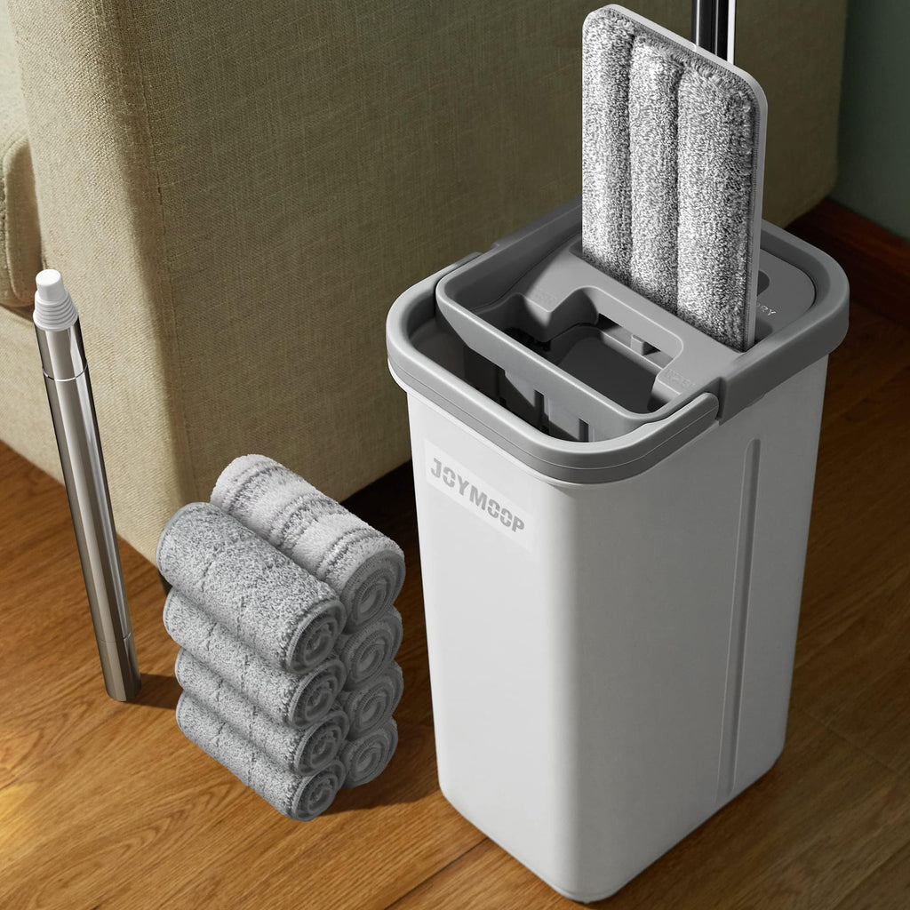 JOYMOOP Mop and Bucket Set with Wringer, Flat Mops for Floor Cleaning, Wall Mop Cleaner with Long Handle, Hardwood Floor Mop with 4 Microfiber Pads