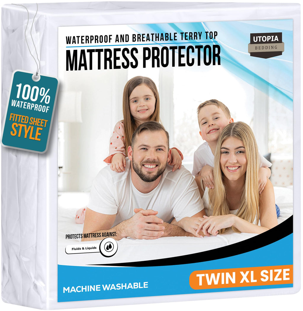 Full Size Mattress Protector Waterproof, Premium 200 GSM Terry Mattress Cover, Soft & Breathable Bed Cover, Fitted Sheet Style Stretchable Deep Pockets 15" by Utopia Bedding (White)