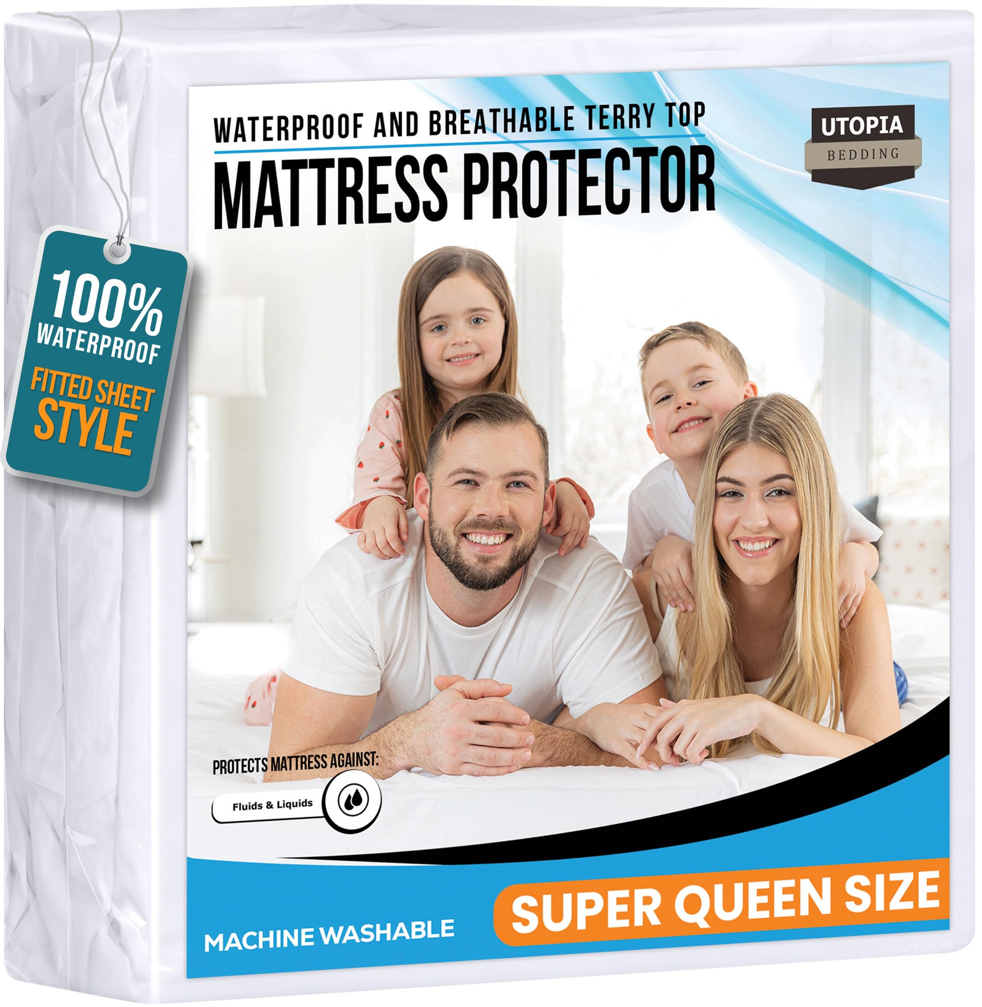 Full Size Mattress Protector Waterproof, Premium 200 GSM Terry Mattress Cover, Soft & Breathable Bed Cover, Fitted Sheet Style Stretchable Deep Pockets 15" by Utopia Bedding (White)