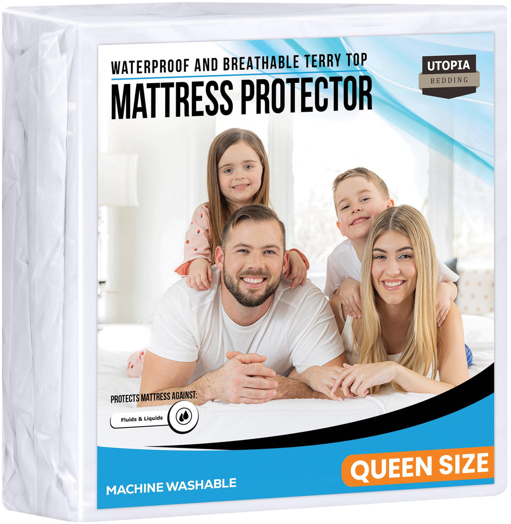 Full Size Mattress Protector Waterproof, Premium 200 GSM Terry Mattress Cover, Soft & Breathable Bed Cover, Fitted Sheet Style Stretchable Deep Pockets 15" by Utopia Bedding (White)