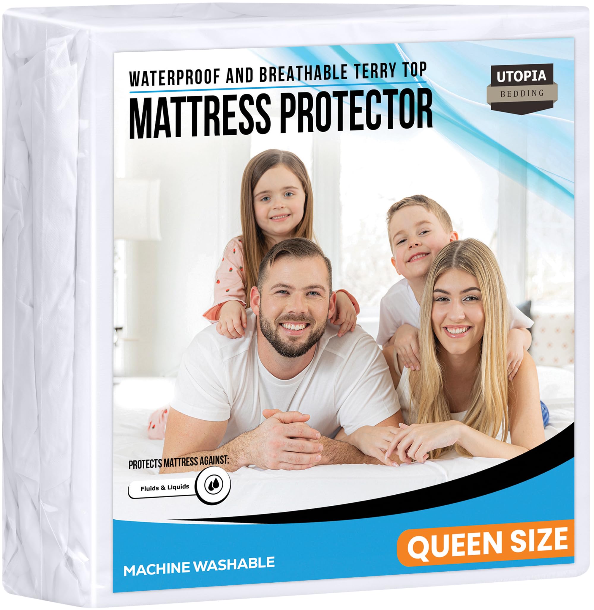 Full Size Mattress Protector Waterproof, Premium 200 GSM Terry Mattress Cover, Soft & Breathable Bed Cover, Fitted Sheet Style Stretchable Deep Pockets 15" by Utopia Bedding (White)