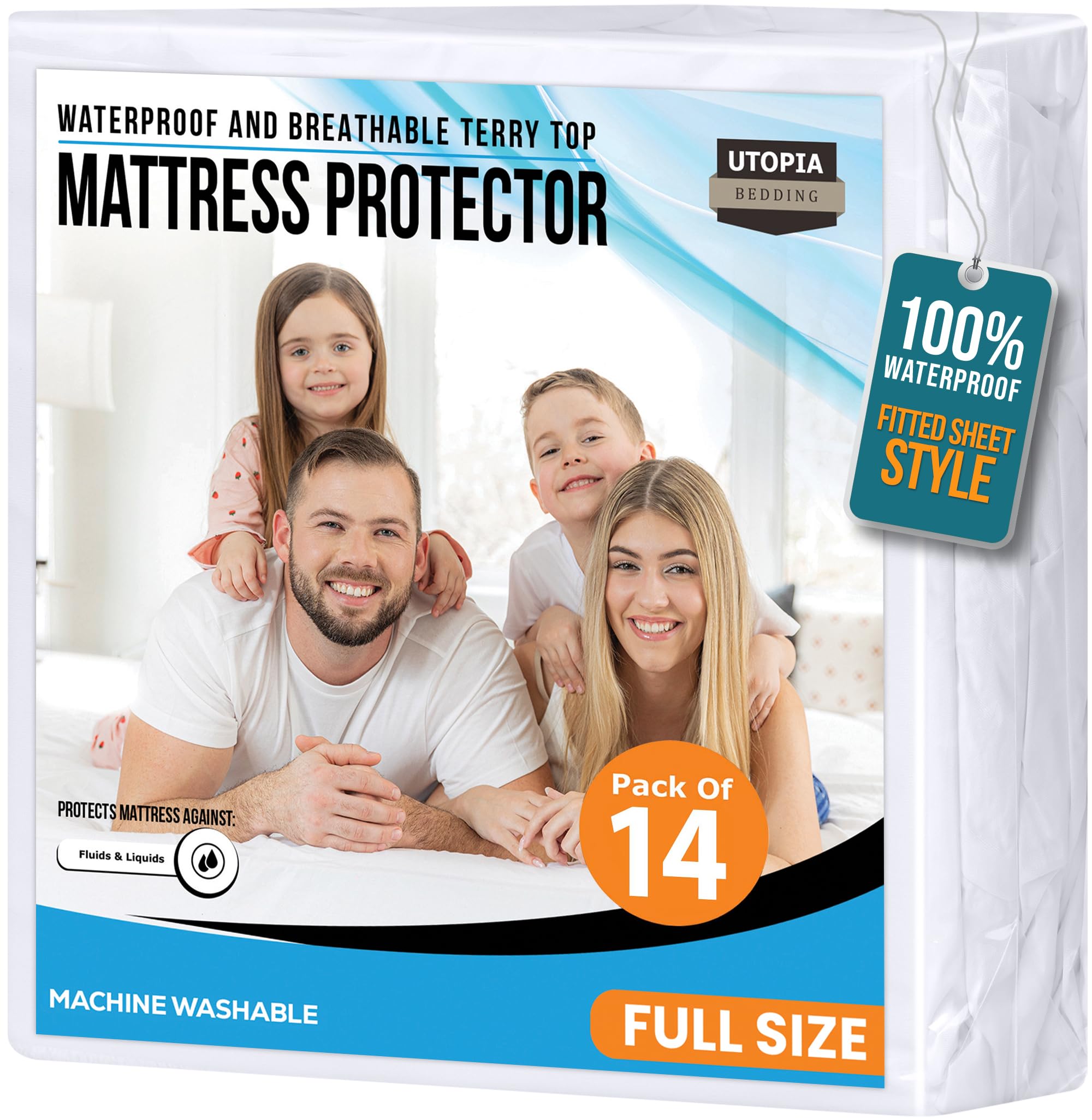Full Size Mattress Protector Waterproof, Premium 200 GSM Terry Mattress Cover, Soft & Breathable Bed Cover, Fitted Sheet Style Stretchable Deep Pockets 15" by Utopia Bedding (White)