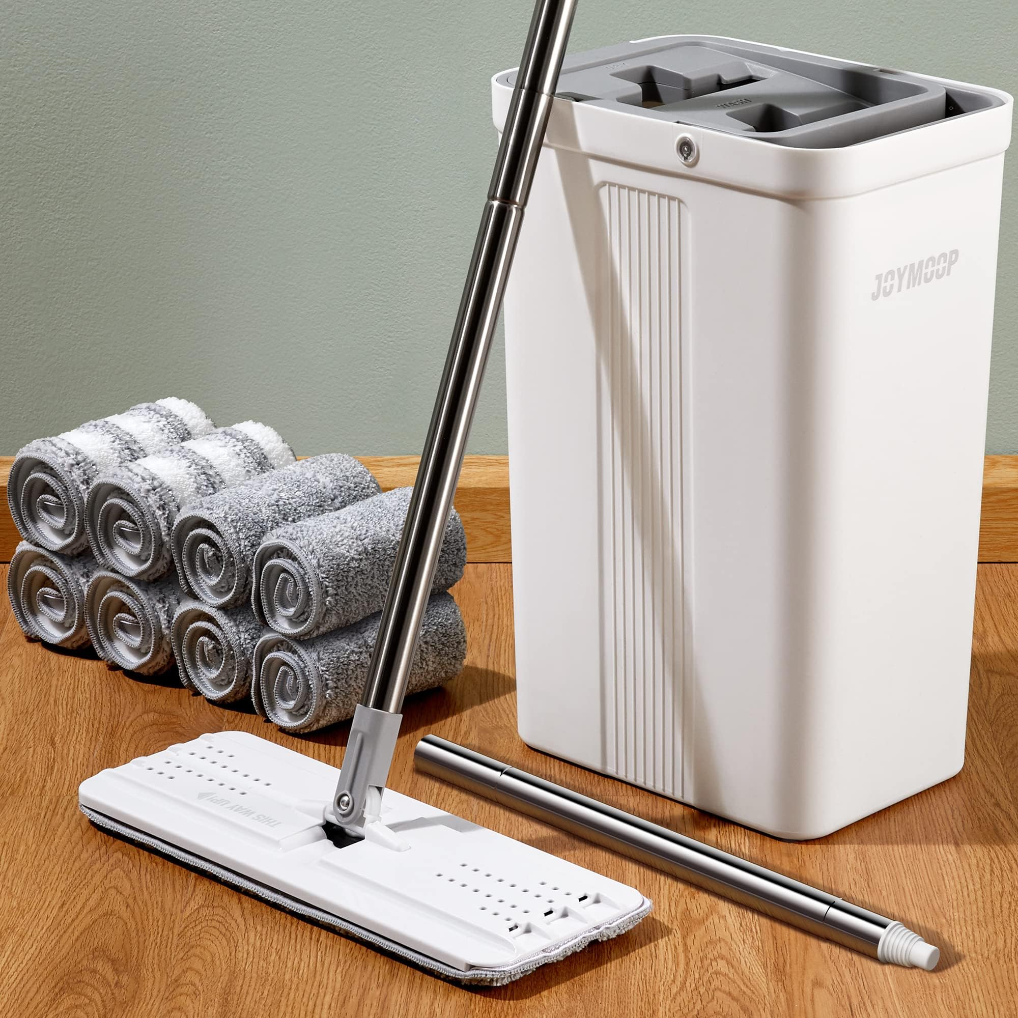 JOYMOOP Mop and Bucket Set with Wringer, Flat Mops for Floor Cleaning, Wall Mop Cleaner with Long Handle, Hardwood Floor Mop with 4 Microfiber Pads