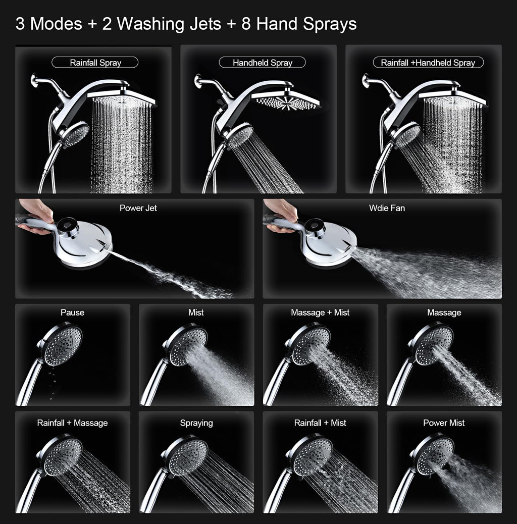 High Pressure Rain Shower Head: Upgrade Shower Heads with Handheld Spray Combo with Fixed Showerhead and 10 Sprays Handheld Shower Head, Detachable Shower head Built-in Magnetic Docking and Power Jets