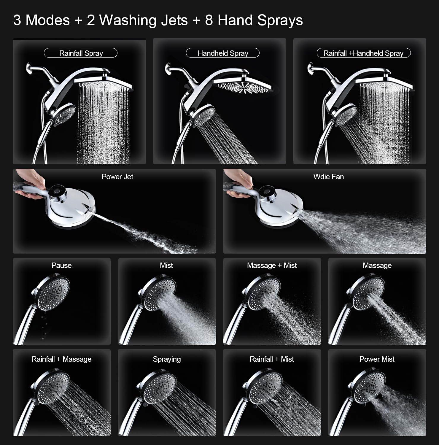 High Pressure Rain Shower Head: Upgrade Shower Heads with Handheld Spray Combo with Fixed Showerhead and 10 Sprays Handheld Shower Head, Detachable Shower head Built-in Magnetic Docking and Power Jets