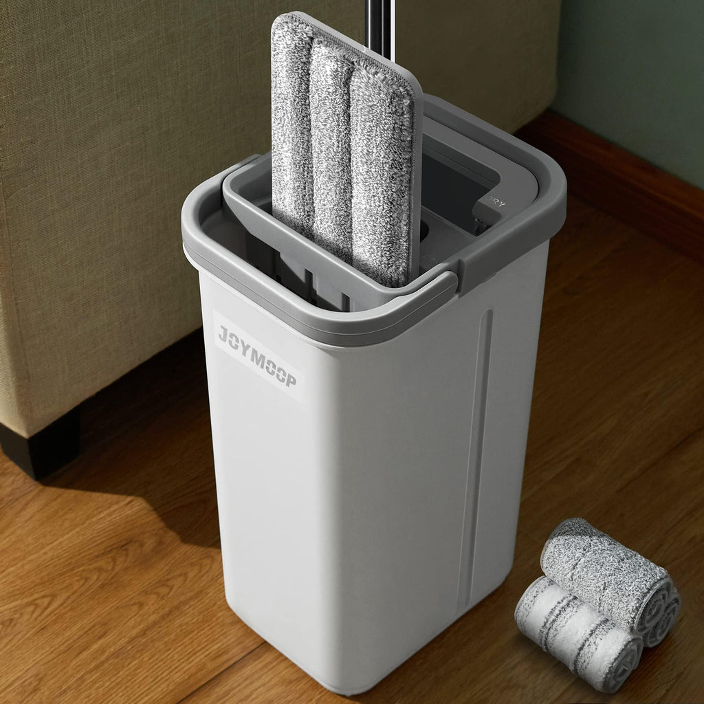 JOYMOOP Mop and Bucket Set with Wringer, Flat Mops for Floor Cleaning, Wall Mop Cleaner with Long Handle, Hardwood Floor Mop with 4 Microfiber Pads