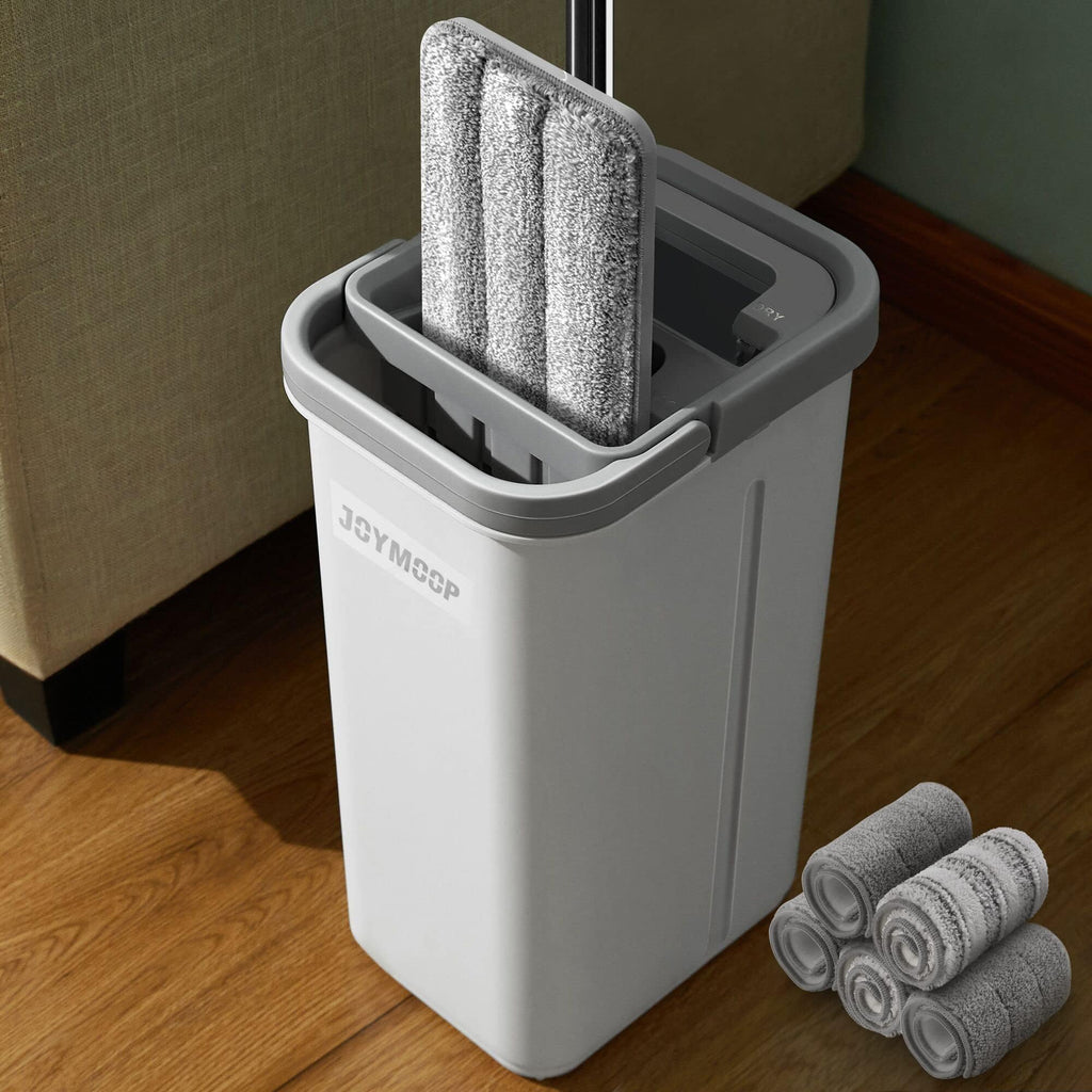 JOYMOOP Mop and Bucket Set with Wringer, Flat Mops for Floor Cleaning, Wall Mop Cleaner with Long Handle, Hardwood Floor Mop with 4 Microfiber Pads