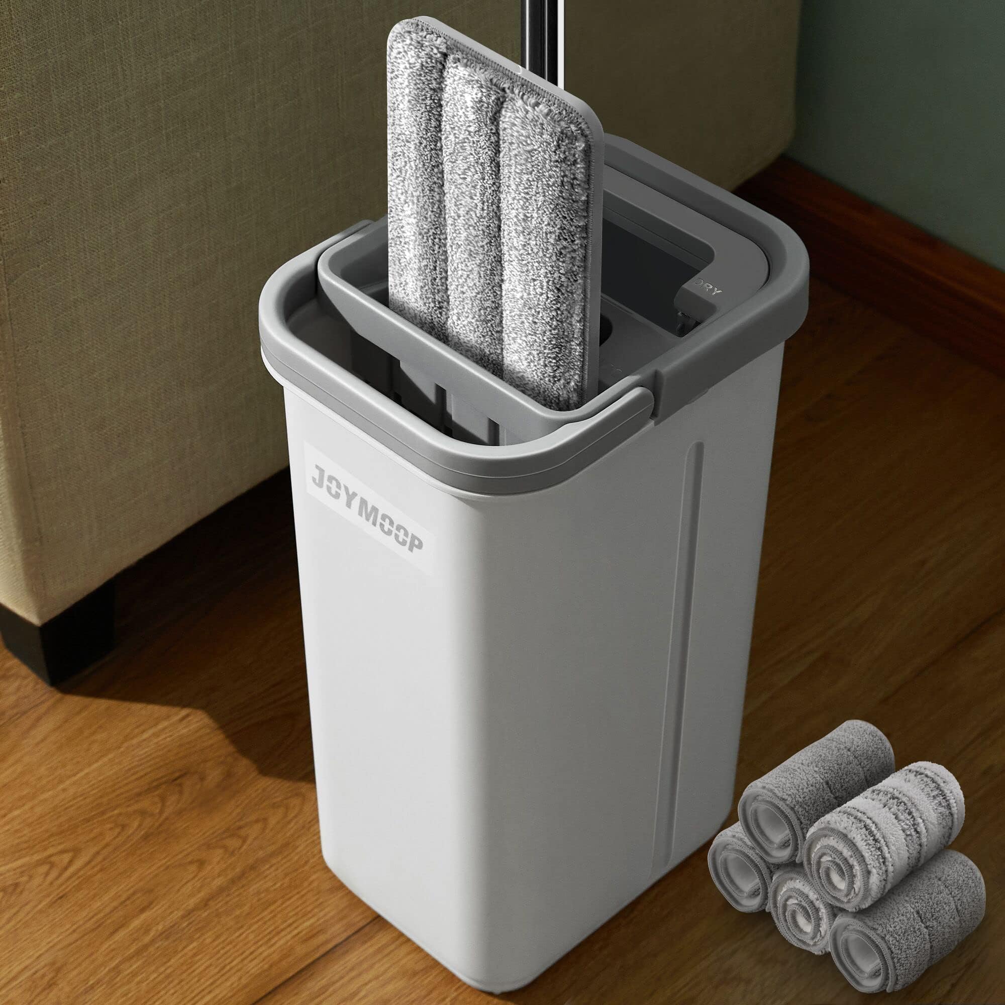 JOYMOOP Mop and Bucket Set with Wringer, Flat Mops for Floor Cleaning, Wall Mop Cleaner with Long Handle, Hardwood Floor Mop with 4 Microfiber Pads