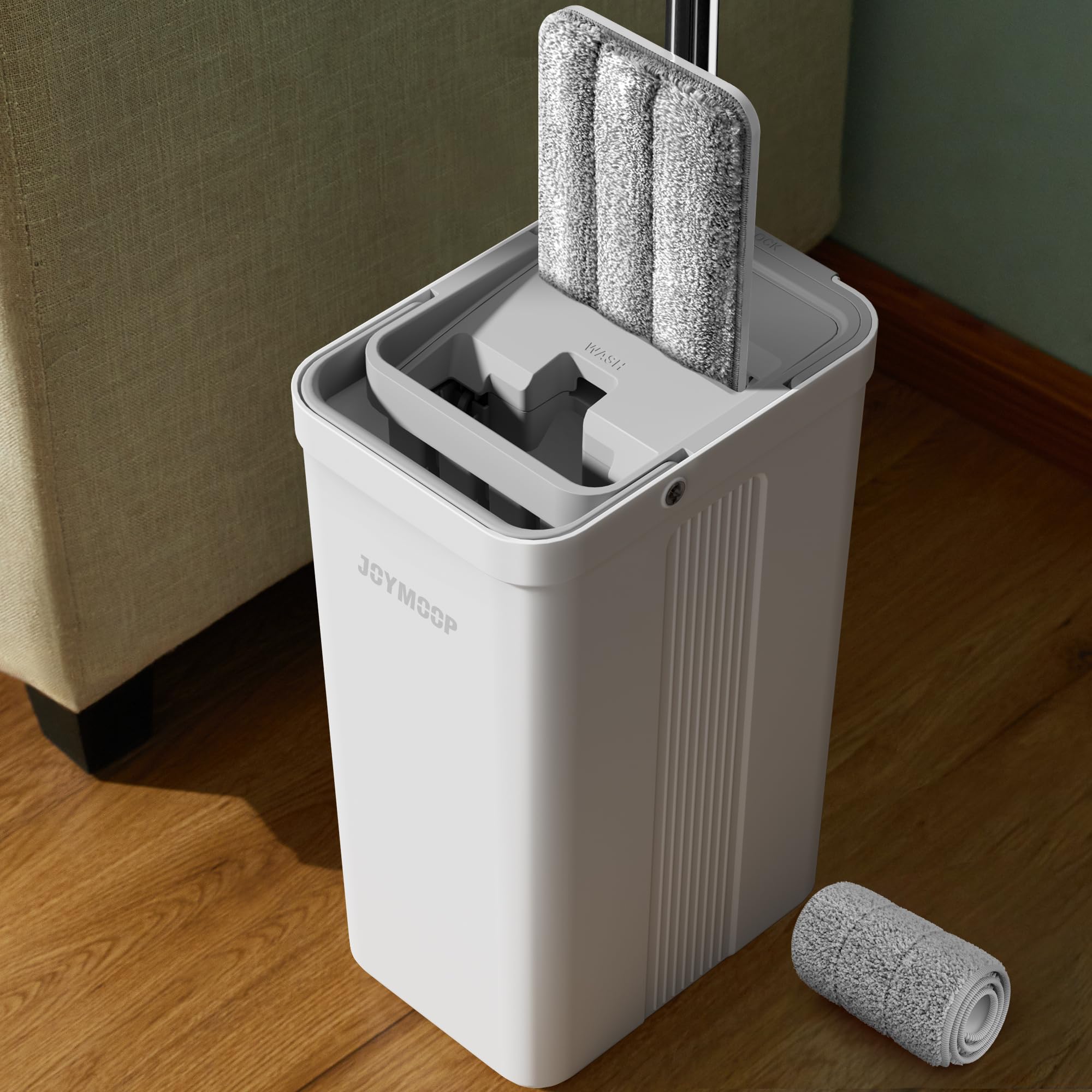 JOYMOOP Mop and Bucket Set with Wringer, Flat Mops for Floor Cleaning, Wall Mop Cleaner with Long Handle, Hardwood Floor Mop with 4 Microfiber Pads