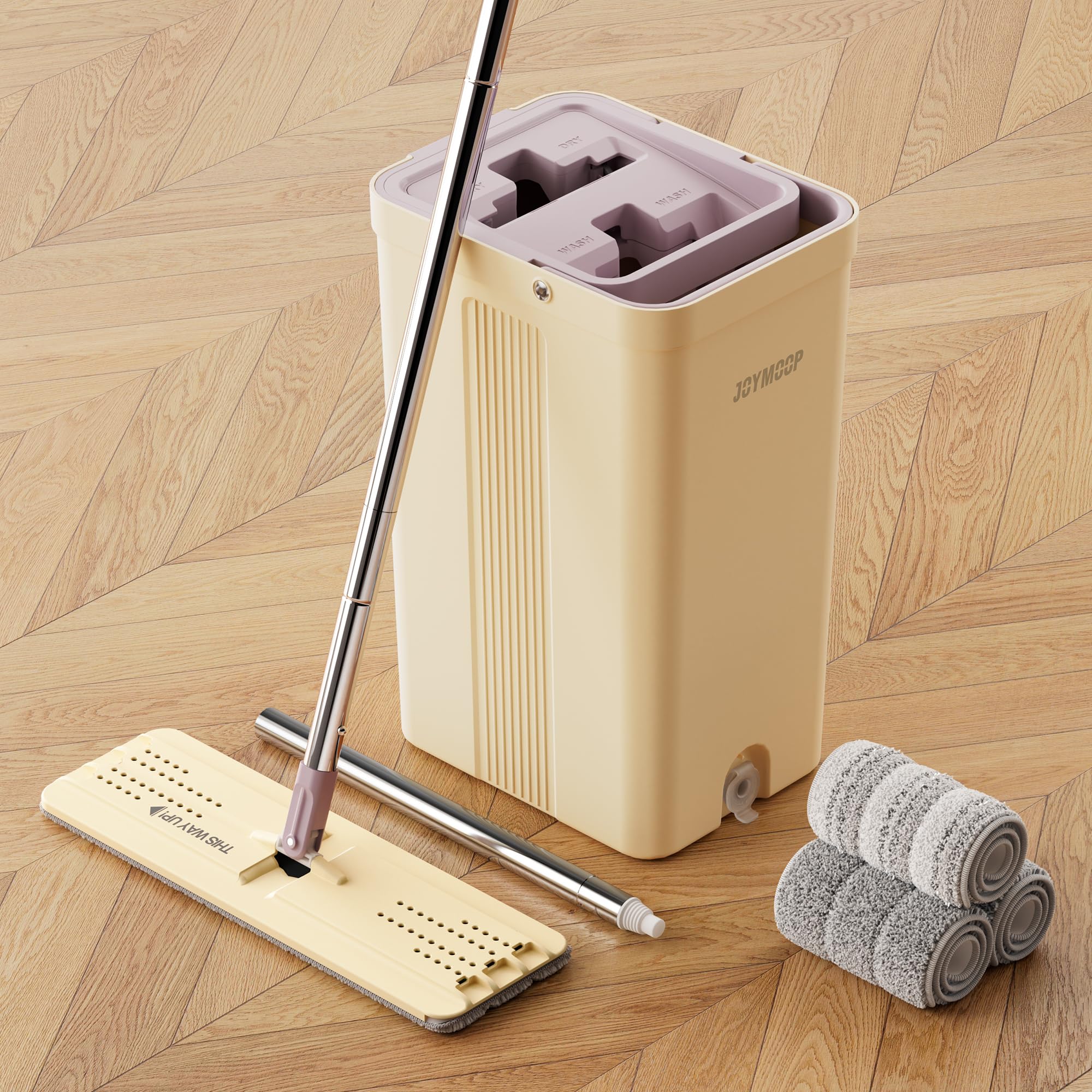 JOYMOOP Mop and Bucket Set with Wringer, Flat Mops for Floor Cleaning, Wall Mop Cleaner with Long Handle, Hardwood Floor Mop with 4 Microfiber Pads