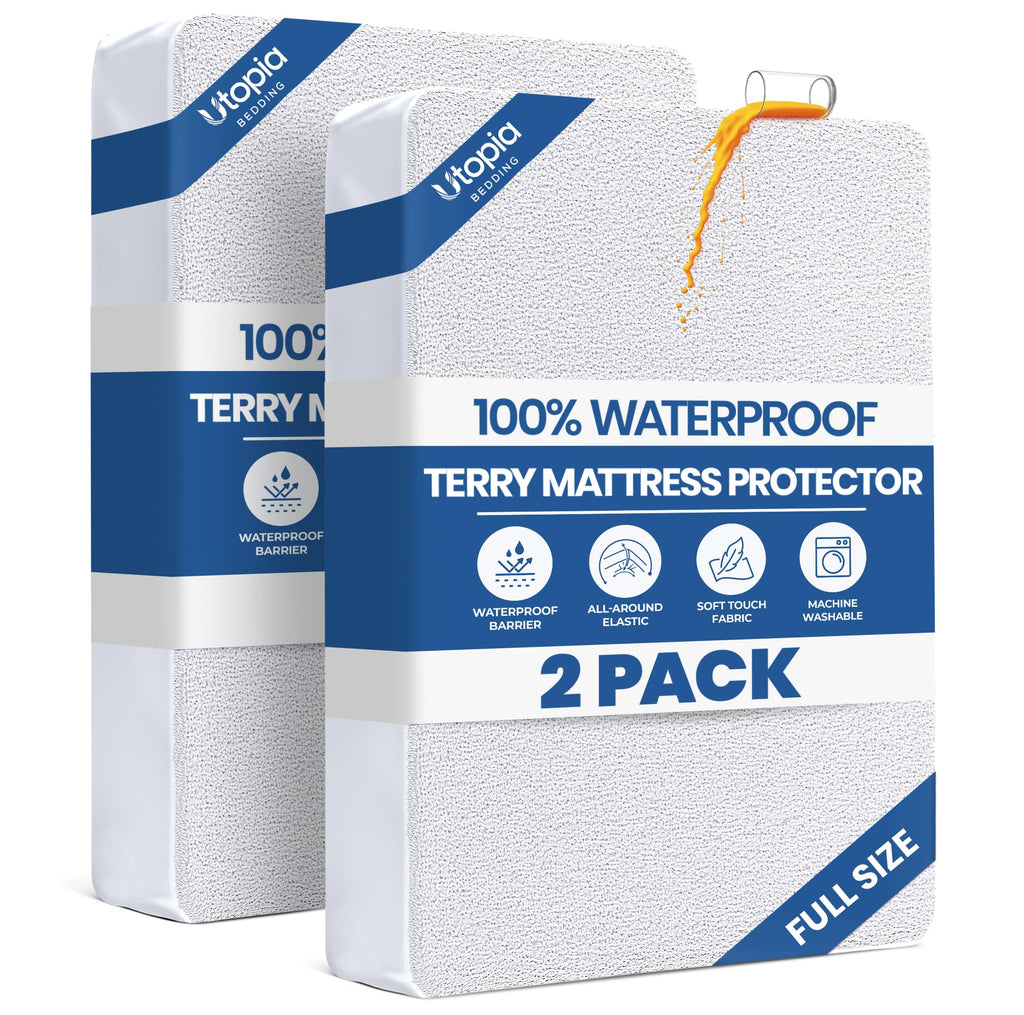 Full Size Mattress Protector Waterproof, Premium 200 GSM Terry Mattress Cover, Soft & Breathable Bed Cover, Fitted Sheet Style Stretchable Deep Pockets 15" by Utopia Bedding (White)