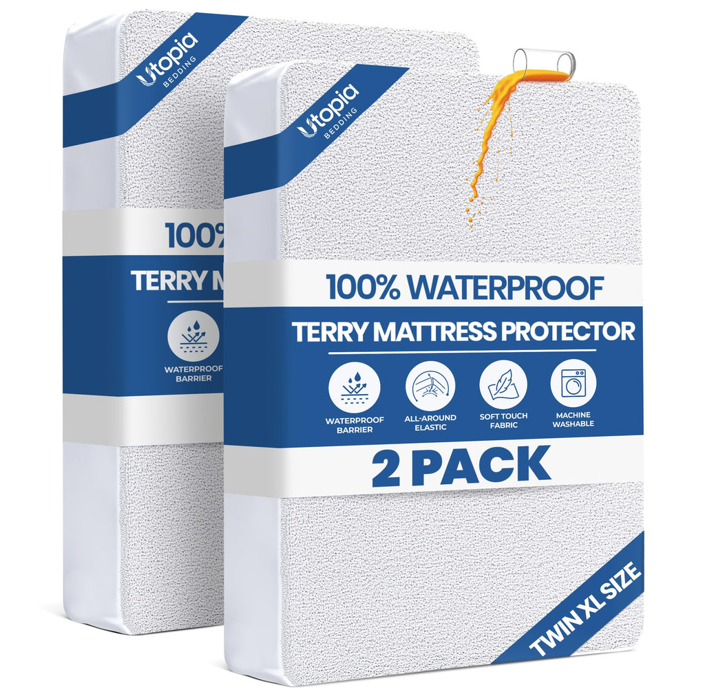 Full Size Mattress Protector Waterproof, Premium 200 GSM Terry Mattress Cover, Soft & Breathable Bed Cover, Fitted Sheet Style Stretchable Deep Pockets 15" by Utopia Bedding (White)